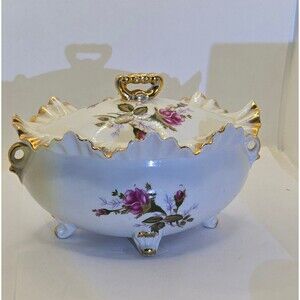 Tilso Japan Moss Rose Porcelain Footed Dresser Vanity Ruffled Box with a lid.